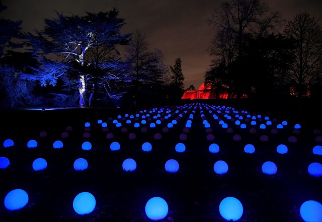 Sculptures, buildings and trees are illuminated at the Kew Gardens light trail at Kew in west London, Britain, November 21, 2017. REUTERS/Toby Melville