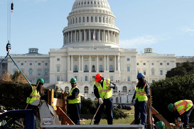Workers clean up a tailer as they unload the U.S. Capitol Christmas Tree, an Engelmann Spruce from the Kootenai National Forest, Montana, in Washington, U.S., November 27, 2017. REUTERS/Joshua Roberts