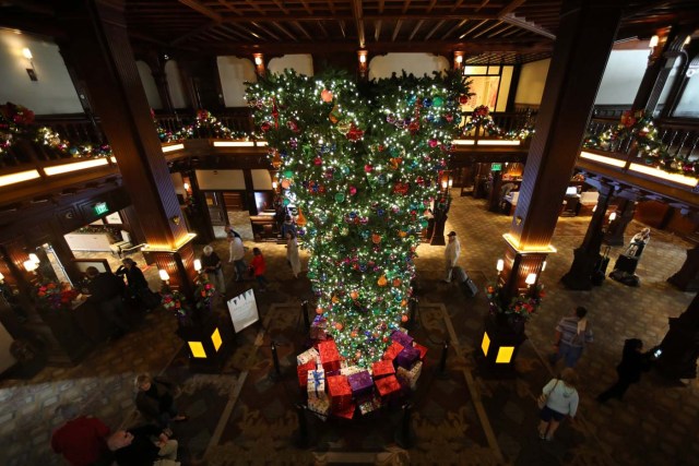 An upside down Christmas tree is shown on display in the lobby of the Hotel Del in Coronado, California, U.S., November 27, 2017. REUTERS/Mike Blake