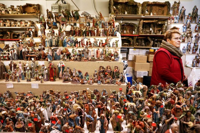 Nativity scene figures for sale are seen at a Christmas market stall at the Plaza Mayor in Madrid, Spain, November 27, 2017. REUTERS/Paul Hanna