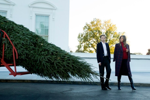 MRX01. WASHINGTON (EE.UU.), 20/11/2017.- La primera dama estadounidense, Melania Trump (d), acompañada de su hijo Barron Trump (2d), camina junto al Árbol de Navidad de la Casa Blanca, que será presentado hoy, lunes 20 de noviembre de 2017, en la residencia presidencial en Washington (EE.UU.). EFE/Michael Reynolds