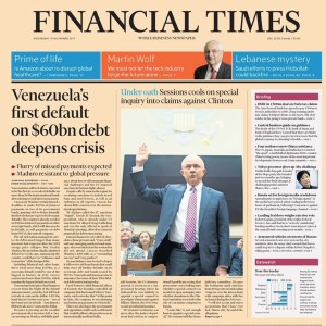 Portada del Financial Times de este miércoles anuncia el default de Venezuela