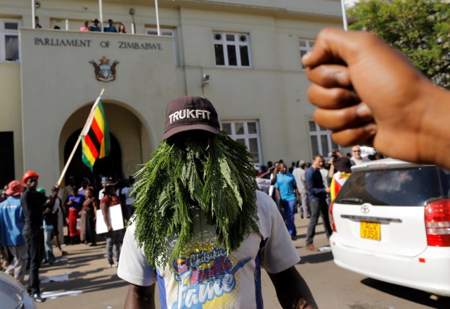 EPA3247. HARARE (ZIMBABWE), 21/11/2017.- Manifestantes protestan en las inmediaciones del Parlamento en Harare (Zimbabue) hoy, 21 de noviembre de 2017. El Parlamento celebra hoy una sesión para tratar una moción de censura contra el presidente, Robert Mugabe. EFE/ Kim Ludbrook