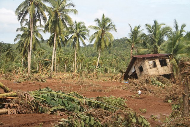 A damaged house is seen past felled banana trees in Barangay San Mateo Borongan in eastern Samar on December 17, 2017, after Tropical Depression Kai-Tak blew through the area. Thousands of people heading home for Christmas in the Philippines were stranded on December 17 by Tropical Depression Kai-Tak, a day after the storm killed three people as it pounded the nation's eastern islands. / AFP PHOTO / ALREN BERONIO