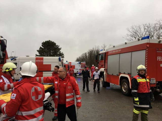Emergency crews are seen after reports of a gas explosion in Baumgarten, Austria December 12, 2017 in this picture obtained from social media. RKNO/Motz via REUTERS ATTENTION EDITORS - THIS IMAGE WAS PROVIDED BY A THIRD PARTY. MANDATORY CREDIT. NO RESALES. NO ARCHIVES?