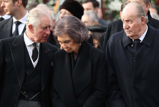 Britain's Prince Charles, Former Spanish Queen Sofia and former Spanish King Juan Carlos attend a funeral ceremony for late Romanian King Michael in Bucharest, Romania, December 16, 2017. REUTERS/Stoyan Nenov
