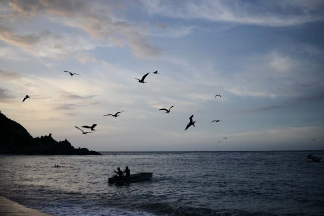 Fishermen arrive on the beach in the village of Chichiriviche de la Costa, some 70 km northwest of Caracas on January 13, 2018. The inhabitants of the village of Chichiriviche de la Costa, which depends on tourism, have come up with an ingenious way to deal with the lack of cash and internet connection. / AFP PHOTO / FEDERICO PARRA