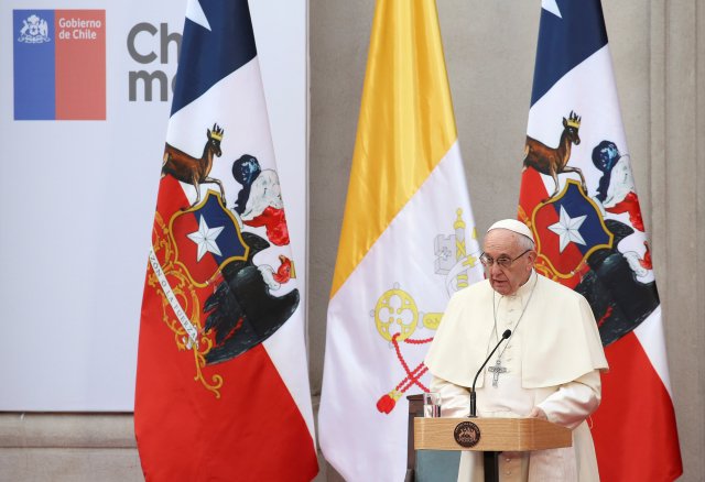 Pope Francis speaks at the La Moneda Presidential Palace in Santiago, Chile, January 16, 2018. REUTERS/Alessandro Bianchi