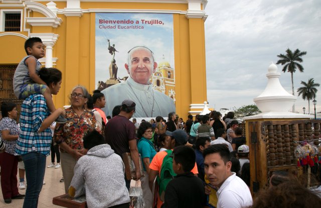 A banner of Pope Francis hangs at Trujillo's Cathedral ahead of the papal visit, in Trujillo, Peru, January 16, 2018. REUTERS/Douglas Juarez. NO RESALES. NO ARCHIVE.