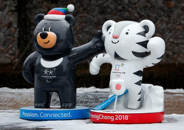 The 2018 Pyeongchang Winter Olympics mascot Soohorang (R) and Paralympics mascot Bandabi are pictured in Pyeongchang, South Korea, January 22, 2018. REUTERS/Fabrizio Bensch