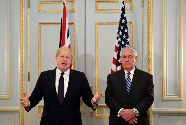 U.S. Secretary of State Rex Tillerson and Britain's Foreign Secretary Boris Johnson attend a press conference in London, January 22, 2018. REUTERS/Toby Melville