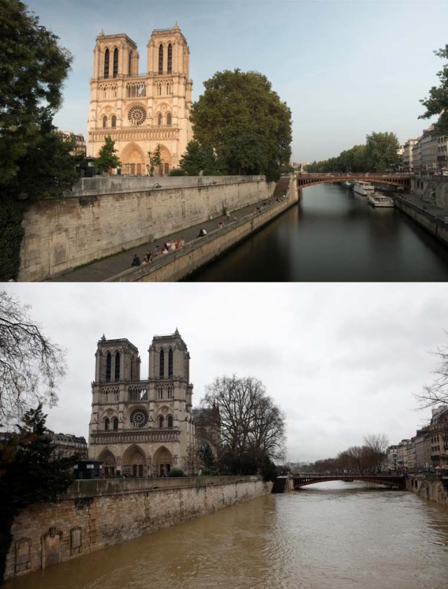 A combination picture shows Paris' Notre Dame Cathedral with people walking along the Seine River on August 28, 2017 (Top) and with its banks covered by muddy waters from current flooding after continued rainfall in the country, in Paris, France, January 25, 2018. Top picture taken August 28, 2017. REUTERS/Philippe Wojazer