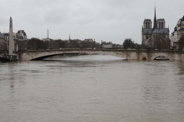 The rear of the Notre Dame Cathedral is seen as the muddy Seine River covers its banks after days of almost non-stop rain causes flooding in the country, in Paris, France, January 25, 2018. REUTERS/Philippe Wojazer