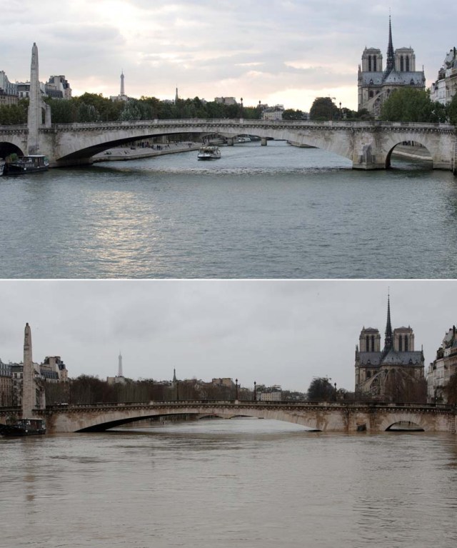 A combination photo shows a tour boat that makes its way past the Notre Dame Cathedral on the Seine River (Top) In August 2016 and the muddy waters that cover the river banks after days of almost non-stop rain causes flooding in the country, in Paris, France, January 25, 2018. Top Picture taken August 10, 2016. REUTERS/Philippe Wojazer