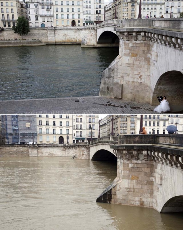 A combination photo show a Chinese couple who prepare for a photoshoot at the Pont de La Tournelle along the Seine River in August 2015 (Top) and the muddy Seine River that covers its banks after days of almost non-stop rain causes flooding in the country, in Paris, France, January 25, 2018. Top Picture taken August 28, 2015. REUTERS/Philippe Wojazer