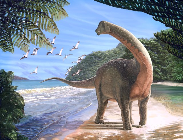 Reconstrucción artística de un dinosaurio titanosaurio "Mansourasaurus shahinae", hace unos 80 millones de años en la costa oeste del actual desierto de Egipto. Andrew McAfee/Carnegie Museum of Natural History/Handout via REUTERS IMAGEN CEDIDA A REUTERS, PROHIBIDA SU VENTA, SU ALMACENAMIENTO O REVENTA.