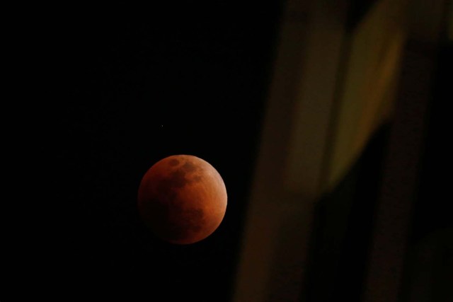 A "super blood blue moon" is seen during an eclipse, behind an office building in Hong Kong, China January 31, 2018. REUTERS/Bobby Yip