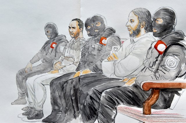 A court artist drawing shows Salah Abdeslam, one of the suspects in the 2015 Islamic State attacks in Paris, in court during his trial in Brussels, Belgium, February 5, 2018. REUTERS/Yves Capelle NO RESALES. NO ARCHIVES
