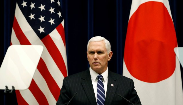 U.S. Vice President Mike Pence attends a joint announcement with Japan's Prime Minister Shinzo Abe after their meeting at Abe's official residence in Tokyo, Japan, February 7, 2018. REUTERS/Toru Hanai