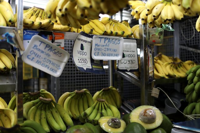 Information for Vippo app and other methods of payment is seen in a fruit and vegetables stall at Chacao Municipal Market in Caracas, Venezuela January 19, 2018. Picture taken January 19, 2018. REUTERS/Marco Bello