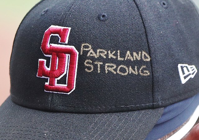 Feb 23, 2018; Fort Myers, FL, USA; A general view of Boston Red Sox Hanley Ramirez hat as he honors the victims of the shooting at Marjory Stoneman Douglas High School during the Red Sox spring training game against the Minnesota Twins at JetBlue Park. Red Sox and Twins players wore special hats to honor the victims and the Parkland community. Kinfay Moroti/The News-Press via USA TODAY NETWORK