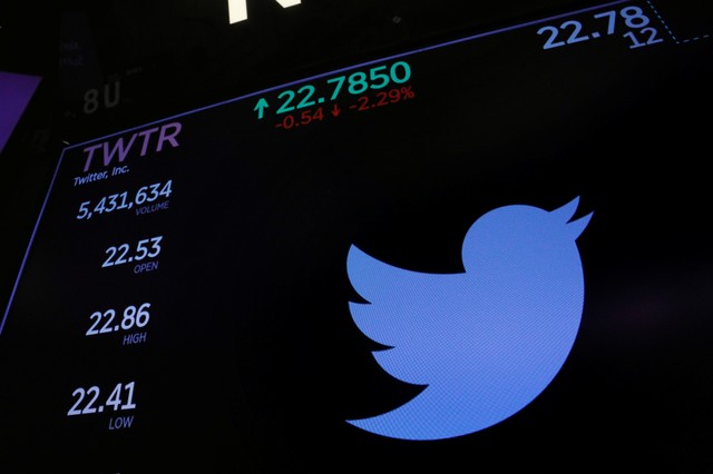 El logo de Twitter y los precios de las acciones se muestran en la Bolsa de Nueva York poco después de la campana de apertura en Nueva York, EEUU, El 23 de enero de 2018. REUTERS / Lucas Jackson