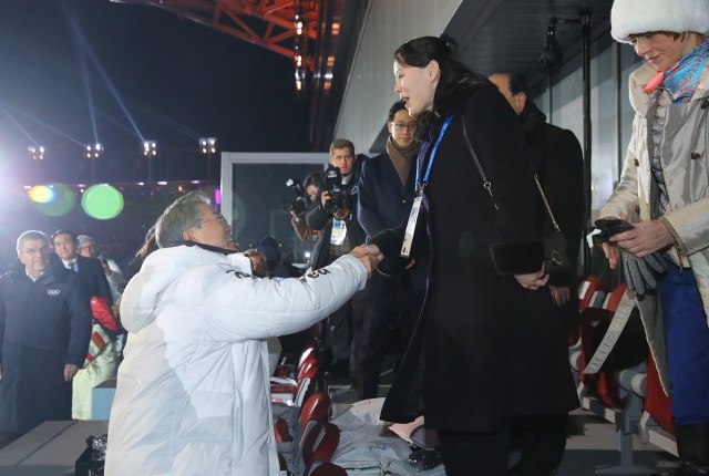 South Korean President Moon Jae-in shakes hands with Kim Jong Un's younger sister Kim Yo Jong at the Winter Olympics opening ceremony in Pyeongchang, South Korea February 9, 2018.  Yonhap via REUTERS   ATTENTION EDITORS - THIS IMAGE HAS BEEN SUPPLIED BY A THIRD PARTY. SOUTH KOREA OUT. NO RESALES. NO ARCHIVE.