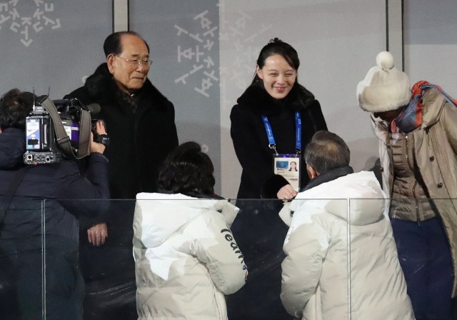 South Korean President Moon Jae-in shakes hands with Kim Jong Un's younger sister Kim Yo Jong at the Winter Olympics opening ceremony in Pyeongchang, South Korea February 9, 2018.  Yonhap via REUTERS   ATTENTION EDITORS - THIS IMAGE HAS BEEN SUPPLIED BY A THIRD PARTY. SOUTH KOREA OUT. NO RESALES. NO ARCHIVE.