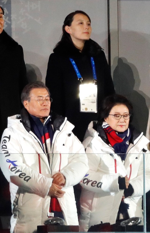 Pyeongchang 2018 Winter Olympics – Opening ceremony – Pyeongchang Olympic Stadium - Pyeongchang, South Korea – February 9, 2018 - President of South Korea Moon Jae-in, his wife Kim Jung-Sook and Kim Yo-Jong, the sister of North Koreas leader Kim Jong-un during the opening ceremony. REUTERS/Kim Kyung-Hoon