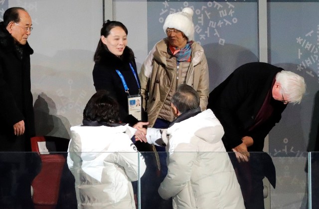 Pyeongchang 2018 Winter Olympics – Opening ceremony – Pyeongchang Olympic Stadium - Pyeongchang, South Korea – February 9, 2018 - President of South Korea Moon Jae-in, his wife Kim Jung-Sook, Kim Yo-Jong, the sister of North Koreas leader Kim Jong-un and German President Frank-Walter Steinmeier during the opening ceremony. REUTERS/Kim Kyung-Hoon     TPX IMAGES OF THE DAY