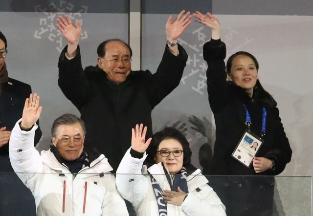 South Korean President Moon Jae-in and his wife Kim Jung-sook, North KoreaÕs nominal head of state Kim Yong Nam, and North Korean leader Kim Jong UnÕs younger sister Kim Yo Jong wave at the Winter Olympics opening ceremony in Pyeongchang, South Korea February 9, 2018.  Yonhap via REUTERS   ATTENTION EDITORS - THIS IMAGE HAS BEEN SUPPLIED BY A THIRD PARTY. SOUTH KOREA OUT. NO RESALES. NO ARCHIVE.