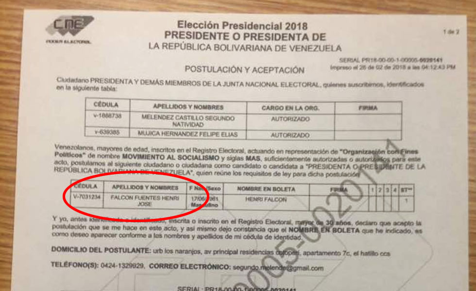 Este sería el primer paso que tendría que dar Henri Falcón para oficializar su candidatura presidencial (+ planilla sin firma)