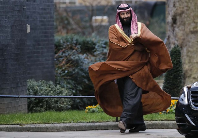 (FILES) In this file photo taken on March 7, 2018 Saudi Arabia's Crown Prince Mohammed bin Salman arrives for talks at 10 Downing Street, in central London. Likening Iran's leader to Adolf Hitler, Saudi Arabia's crown prince warned in a US television interview that if Tehran gets a nuclear weapon, his country will follow suit. "Saudi Arabia does not want to acquire any nuclear bomb, but without a doubt, if Iran developed a nuclear bomb, we will follow suit as soon as possible," Saudi Crown Prince Mohammed bin Salman said in an excerpt of the interview that aired March 15, 2018 on "CBS This Morning."The 32-year-old Prince Mohammed said he has referred to Iran's supreme leader Ayatollah Ali Khamenei as "the new Hitler" because "he wants to expand." / AFP PHOTO / Tolga AKMEN