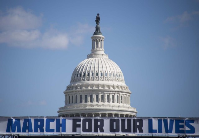 The March For Our Lives stage sign is seen near the capitol ahead of the anti-gun rally in Washington, DC, on March 23, 2018. / AFP PHOTO / Andrew CABALLERO-REYNOLDS