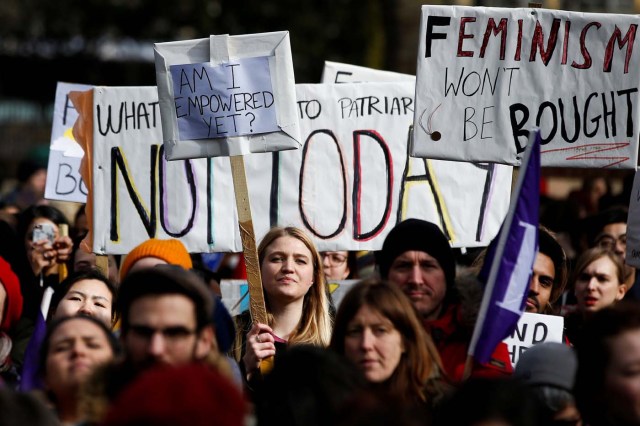People attend a pro-women rights rally in central London, Britain. March 8, 2018. REUTERS/Henry Nicholls NO RESALES. NO ARCHIVES.