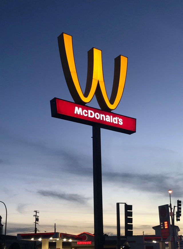 REFILE - CLARIFYING DATE INFORMATION McDonald's 'M' logo is turned upside down in honour of International Women's Day in Lynwood, California, U.S., in this handout photo released on March 8, 2018. Courtesy McDonald's/Handout via REUTERS ATTENTION EDITORS - THIS IMAGE HAS BEEN SUPPLIED BY A THIRD PARTY.