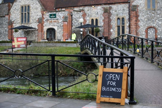 A sign is seen outside a pub which was secured as part of the investigation into the poisoning of former Russian inteligence agent Sergei Skripal and his daughter Yulia, in Salisbury, March 11, 2018. REUTERS/Henry Nicholls