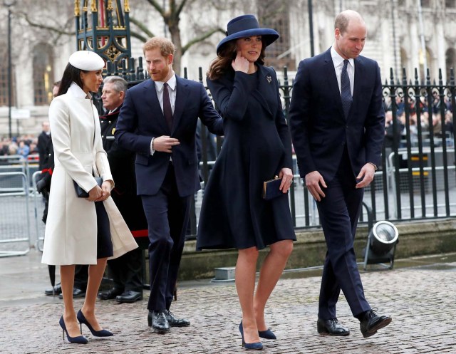 Britain's Prince Harry, his fiancee Meghan Markle, Prince William and Kate, the Duchess of Cambridge, arrive at the Commonwealth Service at Westminster Abbey in London, Britain, March 12, 2018. REUTERS/Peter Nicholls