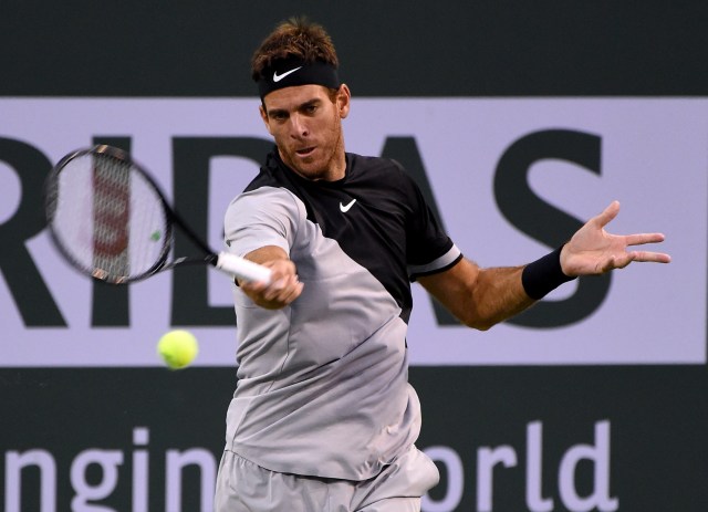Mar 14, 2018; Indian Wells, CA, USA; Juan Martin Del Potro (ARG) during his fourth round match against Leonardo Mayer (not pictured) in the BNP Paribas Open at the Indian Wells Tennis Garden. Mandatory Credit: Jayne Kamin-Oncea-USA TODAY Sports