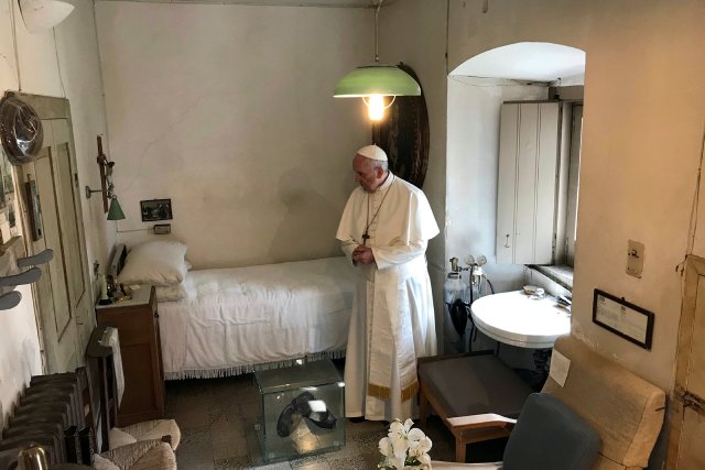 Pope Francis visits the cell of Saint Pio of Pietrelcina (Padre Pio) in San Giovanni Rotondo, Italy, March 17, 2018. Osservatore Romano/Handout via REUTERS ATTENTION EDITORS - THIS IMAGE WAS PROVIDED BY A THIRD PARTY