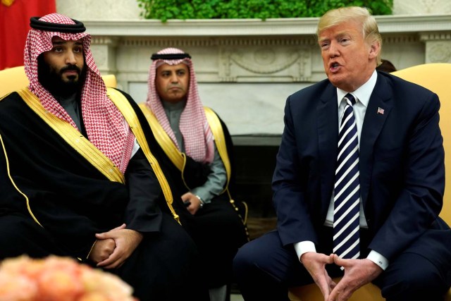 U.S. President Donald Trump delivers remarks as he welcomes Saudi Arabia's Crown Prince Mohammed bin Salman in the Oval Office at the White House in Washington, U.S. March 20, 2018. REUTERS/Jonathan Ernst