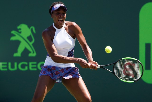 Mar 25, 2018; Key Biscayne, FL, USA; Venus Williams of the United States hits a backhand against Kiki Bertens of the Netherlands (not pictured) on day six of the Miami Open at Tennis Center at Crandon Park. Mandatory Credit: Geoff Burke-USA TODAY Sports