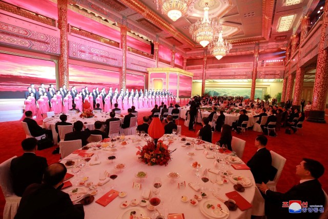 REFILE - ADDING CITY A view of a banquet attended by North Korean leader Kim Jong Un, as he paid an unofficial visit to Beijing, China, in this undated photo released by North Korea's Korean Central News Agency (KCNA) in Pyongyang March 28, 2018. KCNA/via Reuters ATTENTION EDITORS - THIS IMAGE WAS PROVIDED BY A THIRD PARTY. REUTERS IS UNABLE TO INDEPENDENTLY VERIFY THIS IMAGE. NO THIRD PARTY SALES. NOT FOR USE BY REUTERS THIRD PARTY DISTRIBUTORS. SOUTH KOREA OUT. NO COMMERCIAL OR EDITORIAL SALES IN SOUTH KOREA.