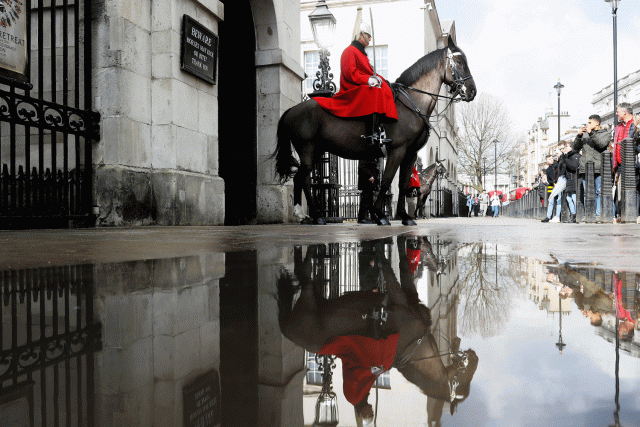 Un guardia se refleja en un charco mientras se sienta en su caballo mientras los turistas lo fotografían, en Londres. REUTERS/Simon Dawson 