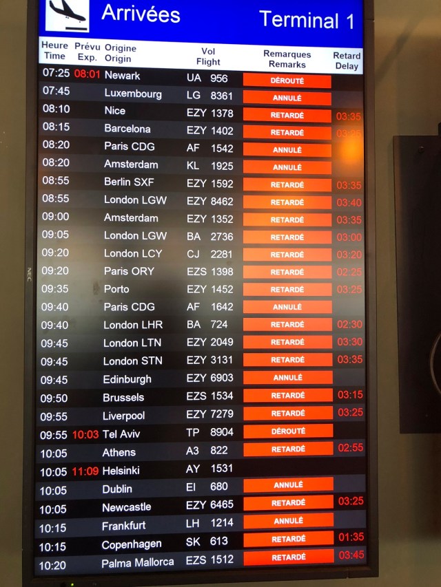 An electronic board is pictured at the airport in the Swiss city of Geneva, Switzerland March 1, 2018 in this picture obtained from social media. FABRICE PERRIN/ WIDE AGENCY /via REUTERS THIS IMAGE HAS BEEN SUPPLIED BY A THIRD PARTY. MANDATORY CREDIT. NO RESALES. NO ARCHIVES. MUST ON SCREEN COURTESY FABRICE PERRIN/ WIDE AGENCY