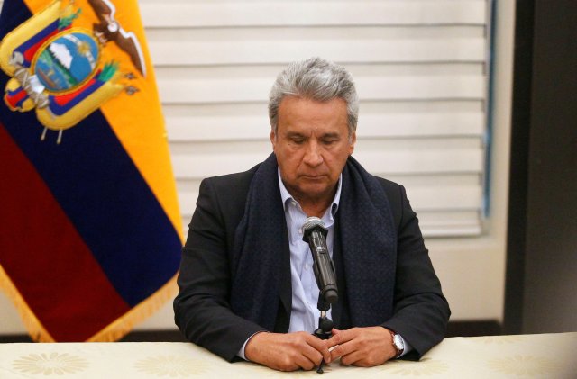 Ecuador's President Lenin Moreno gives a news conference upon his arrival at the airport in Quito, Ecuador April 12, 2018. Picture taken April 12, 2018. REUTERS/Daniel Tapia
