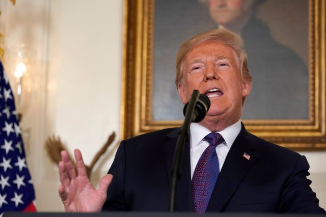 U.S. President Donald Trump makes a statement about Syria at the White House in Washington, U.S., April 13, 2018. REUTERS/Yuri Gripas