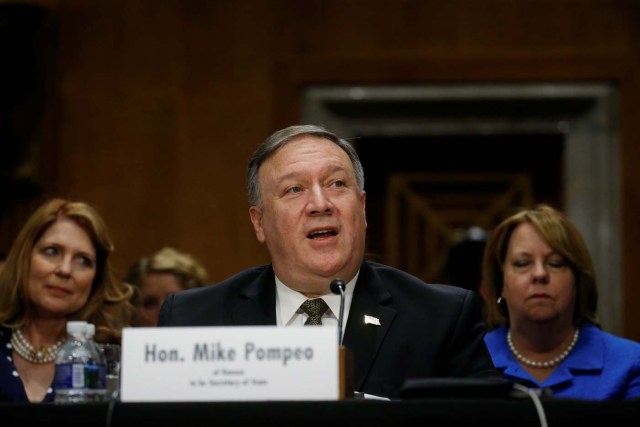 FILE PHOTO: CIA Director Mike Pompeo testifies before a Senate Foreign Relations Committee confirmation hearing on Pompeo’s nomination to be secretary of state on Capitol Hill in Washington, DC, U.S., April 12, 2018. REUTERS/Leah Millis/File Photo