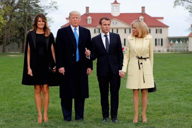 U.S. President Donald Trump and first lady Melania Trump and French President Emmanuel Macron and Brigitte Macron have their picture taken on a visit to the estate of the first U.S. President George Washington in Mount Vernon, Virginia outside Washington, U.S., April 23, 2018. REUTERS/Jonathan Ernst