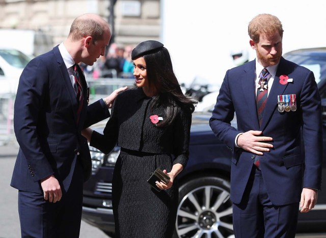 Britain's Prince William greets his brother Harry's fiancee Meghan Markle as they arrive for an ANZAC day service at Westminster Abbey in London, April 25, 2018. REUTERS/Hannah McKay